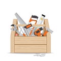 Wooden toolbox with repair and construction working tools on white background. Royalty Free Stock Photo