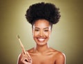 Wooden toothbrush, black woman and portrait for eco friendly self care, beauty or cosmetics with smile. Model, woman and