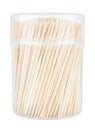 Wooden toothpicks in closed transparent plastic cylindric box isolated on white background Royalty Free Stock Photo