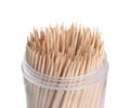 Wooden toothpicks in holder on white background, closeup Royalty Free Stock Photo