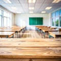 Wooden top with blurred empty classroom background Royalty Free Stock Photo