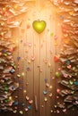 Wooden top, colorful, hearts, confetti. New Year\'s party and celebra