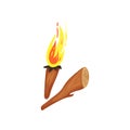 Wooden torch with burning fire. Piece of wood. Natural lighter. Symbols of Stone Age. Flat vector for mobile game or