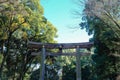 Wooden torii gate of Meiji Jingu Shrine in Harajuku Central Tokyo, Japan Royalty Free Stock Photo