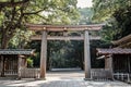 Wooden Torii gateway, the traditional Japanese gate at Shinto Shrine.