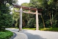 Wooden Torii gateway, the traditional Japanese gate at Shinto Shrine.