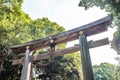 Wooden Torii gateway, the traditional Japanese gate at Shinto Shrine.