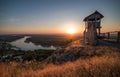 Wooden Tourist Observation Tower above a Little City with River Royalty Free Stock Photo