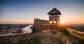 Wooden Tourist Observation Tower above a Little City with River Royalty Free Stock Photo