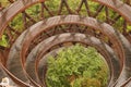 Wooden tower in Adventure Camp on rainy foggy day - view from above