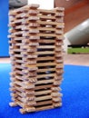 The wooden tower made of flat wooden sticks. Close-up