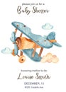 Watercolor invitation card for baby shower with toy airplane