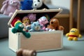 Wooden toy box with many color kid toys inside. Close up, focus on foreground