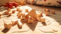 wooden toy bricks strewn on the carpet in playroom, at sunny day. generative ai