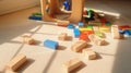 wooden toy bricks strewn on the carpet in playroom, at sunny day. generative ai