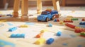 wooden toy bricks strewn on the carpet in playroom, at sunny day. generative ai