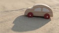 Wooden toy car on sandy beach background. Eco-friendly travel, reduce carbon footprints, environmental impact, Conscious