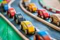 wooden toy cars lined up on a miniature race track Royalty Free Stock Photo