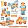 Watercolor set with wooden toy childrens transport and robot Royalty Free Stock Photo