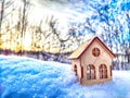 Wooden toy house on snow, natural abstract background. winter season concept. Christmas and new year holidays. symbol of Royalty Free Stock Photo