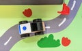 Wooden toy police car with a flashing light. Eco-friendly children`s toys Royalty Free Stock Photo