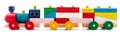 Wooden toy train with colorful blocs over white Royalty Free Stock Photo