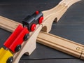 Wooden toy train with dark background Royalty Free Stock Photo