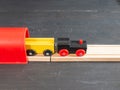 Wooden toy train with dark background Royalty Free Stock Photo