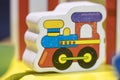 wooden toy train - Play set Educational toys for preschool indoor playground (selective focus) Royalty Free Stock Photo