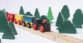 Wooden toy train in rural landscape Royalty Free Stock Photo