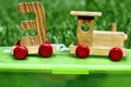 Wooden toy train sets on the box