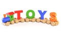 Wooden toy train with TOYS letters as railroad cars 3d rendering