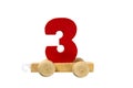 Wooden toy train with track numbers three. Learn, make. Wooden number three. Children s school concept. Educational games