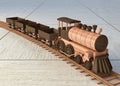 Wooden toy train. Wooden train on the rails on the floor bearing four wagons. 3d illustration Royalty Free Stock Photo