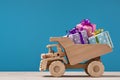 Gift boxes on dumper truck. Royalty Free Stock Photo