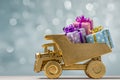 Toy car with gift boxes in festive wrapper. Royalty Free Stock Photo