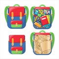 Wooden toy writing supplies in a school backpack. Bright and colorful backpack. In the style of a cartoon. Isolated on a