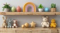 Wooden toys lined up on wooden shelves against wall