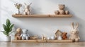 Wooden toys lined up on shelves against white wall