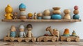 Wooden toys and wooden shelves against white wall
