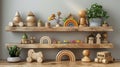 Wooden toys stacked on shelves against grey wall