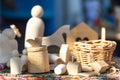 Wooden toys on wooden table. Colorful toys made from wood Royalty Free Stock Photo