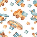 Watercolor seamless pattern with wooden toys, transport and robot on a white background