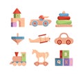 Wooden toys. Vintage funny items for kids cars blocks dolls for happy holidays garish vector flat old collection