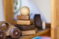 Wooden toys on wooden table. Colorful toys made from wood Royalty Free Stock Photo