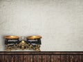 Wooden trading counter with vintage scales on a light vintage ba