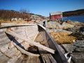 Wooden traditional Norwegian boat on the fjord coast Royalty Free Stock Photo