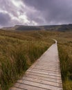 Wooden trail through beautiful countryside up a mountain. Cuilcagh Boardwalk Trail in Fermanagh Royalty Free Stock Photo