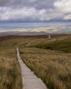 Wooden trail through beautiful countryside up a mountain. Cuilcagh Boardwalk Trail in Fermanagh, Northern Ireland Royalty Free Stock Photo