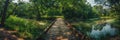 Wooden Trail near Lake, Wood River Path Landscape, Old Water Bridge, Pond Touristic Wooden Pathway Royalty Free Stock Photo